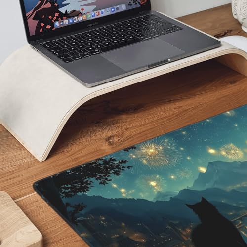 Castle Fireworks XXL Gaming Mouse Pad, Fantasy Night Sky Design with Cat Silhouette, Extended Desk Mat, Non-Slip Base, Stitched Edges 35.4" x 15.7" - color: Black Cat Castle Night View