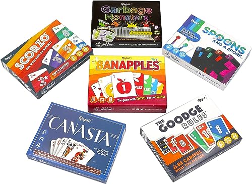 Regal Games Fun Card Games Set for Adults - Canasta, Spoons and a Spork, Garbage Monsters, ScorZo, The Goodge Rules, and Banapples Decks - Fun & Travel Playing Cards for Family Game Night - size: All 6 Games