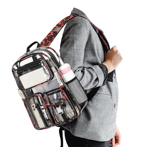 Cusangel Heavy Duty Clear Backpack,16.5 x12 x5inch TPU Large Capacity See Through Backpack for Sport Events,Travel (Red) - color: Red