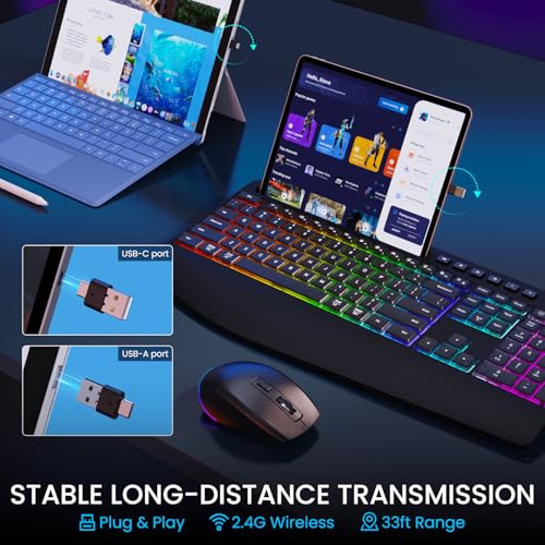2200mAh RGB Backlit Wireless Keyboard & Mouse, 2.4G Silent Rechargeable | Full-Sized Ergonomic Combo With Wrist Rest, Phone Holder, Auto Sleep Mode, Compatible With Windows, Mac, PC, Laptop,LIZRROT