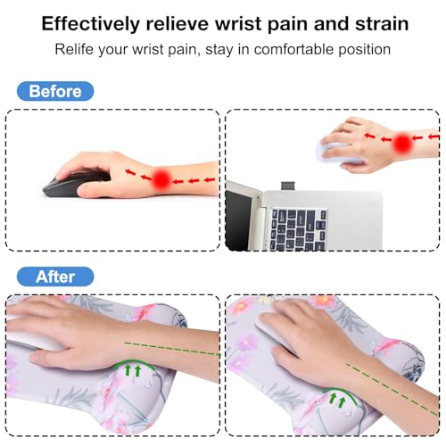 MEGREZ 4-in-1 Mouse Pad with Wrist Rest Ergonomic Memory Foam Desk Mat Set | ergonomic, anti-slip base, 4pcs set, desk pad, mouse wrist rest, keyboard rest, coaster, ideal for office & gaming - color: Pink Flower