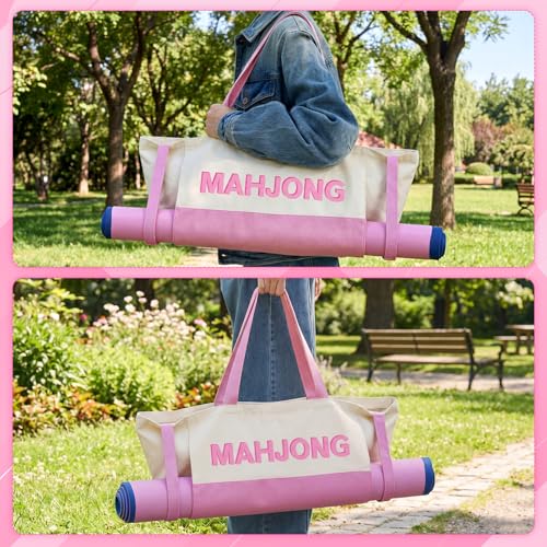 Abbylike 28x9 Inches Mahjong Bag for Rolled Mat Tiles Racks Pushers Accessories Empty Mahjong Tote Bag with Zipper Closure Outer Pockets Lining Large Capacity(Beige&Light Pink,Canvas) - color: Beige&light Pink