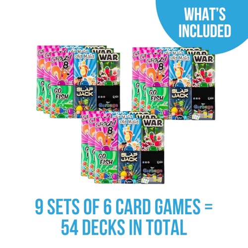 Regal Games Card Games for Kids - Go Fish, Crazy 8's, Old Maid, Slap Jack, Garbage Monsters, War - Simple & Fun Classic Family Table Game Sets (9 x 6) - color: Set of 54 Decks