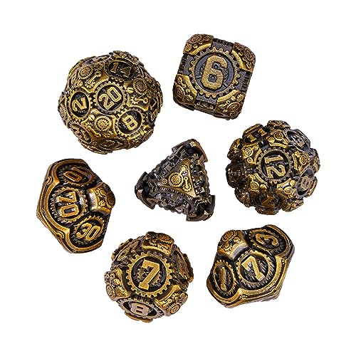 Metal Dice Set D&D, 7-Die DND Dice Metal Gear Dice with Gift Bag for Role Playing Games(Antique Gold) - color: Antique Gold