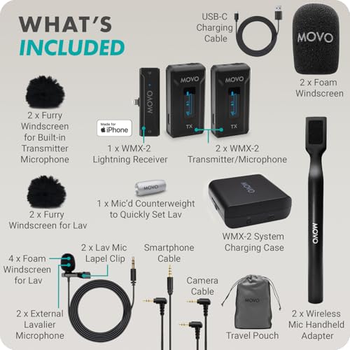 Movo WMX-2-L-Duo Dual Wireless Lavalier Microphone for iPhone/Lightning Devices with WMX-HM Handheld Adapter - Lapel Mic with Handle Mount for Content Creators, Interviews, Reporting - style: Lightning DUO