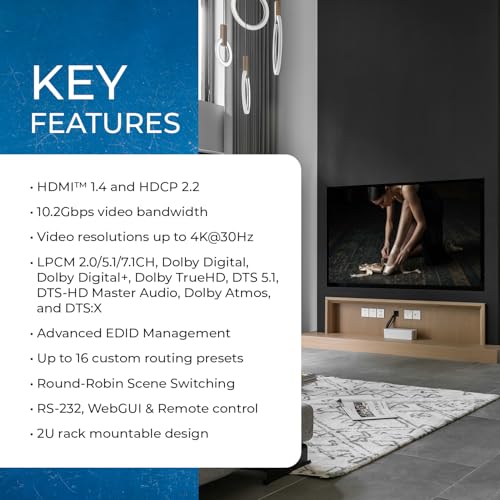 OREI 8x16 HDMI Matrix Switch – 4K@30Hz, EDID, RS-232, WebGUI, IR, HDCP 2.2 | HDMI Matrix 8x16, 8x16 HDMI Matrix Switcher – 10.2Gbps, Scene Save & Recall, Round Robin, Dolby Atmos, DTS:X, 2U Rack Mount - size: 8X16 Matrix Switch