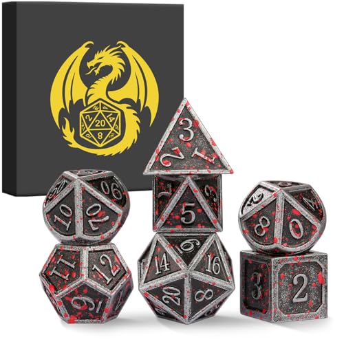 Metal Dice Set, 7pcs Polyhedral Metal DND Dice Set, DND Starter Set, D&D Gifts with Gift Box, Role Playing Board Games Accessories, Bloodstained Silver - color: Bloodstained Silver + Gift Box
