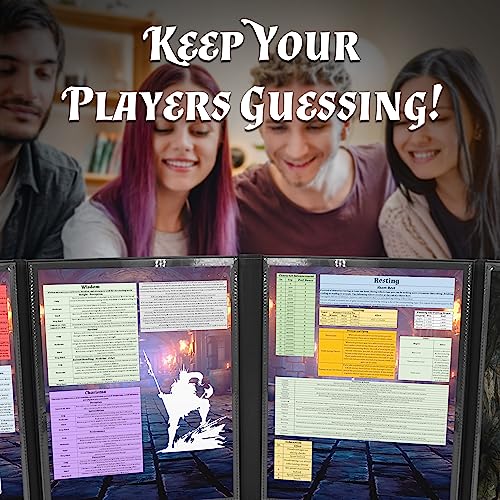 CASEMATIX DM Screen Faux Leather Embossed GM Screen - Four Panel Folding Game Master Screen with Wet Erase Pockets and Compatible with Tabletop Roleplaying Games, Inserts Not Included, Black - color: Black