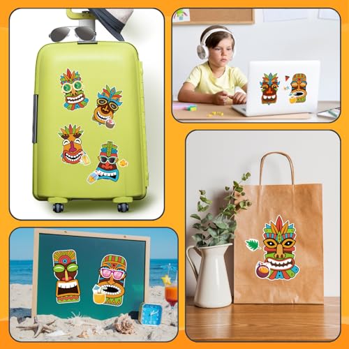 Summer Stickers, Make a Tiki Face Sticker, Tropical Hawaiian Stickers | 24 Sheets Make Your Own Tiki Sticker for Kids Summer Luau Party Favors Decoration - style: Tiki