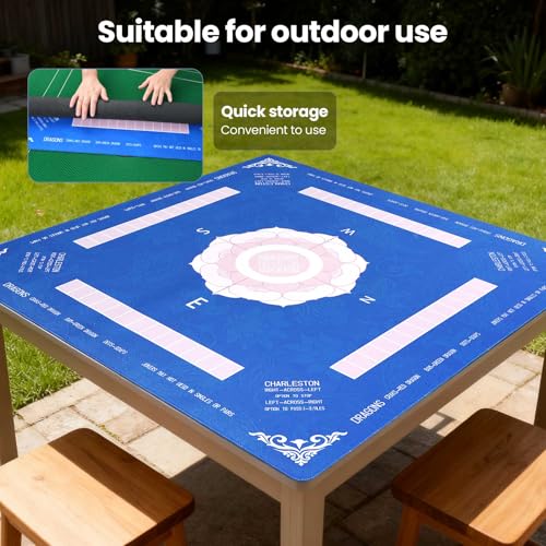 Mahjong Mat with Lotus - 32.4x32.4 Inch - Mahjong Mat for Table, Non-Slip Noise Reduction Mat, Portable Gaming Pad for Mahjong Poker Dominoes Cards & Board Games, for Asian-Themed Game Nights (Blue)