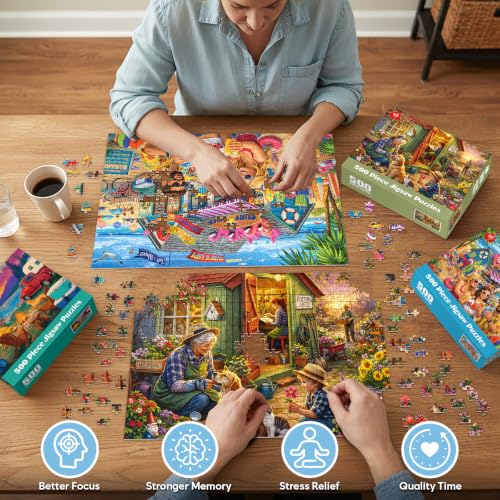 3 Pack 500 Piece Puzzle for Adults Colorful Scenic Jigsaw Puzzle Set Village Beach Sunset Puzzles for Teens Seniors Landscape Puzzles with Letters on Back Relaxing Family Game Gift 20.5 x 15 Inch