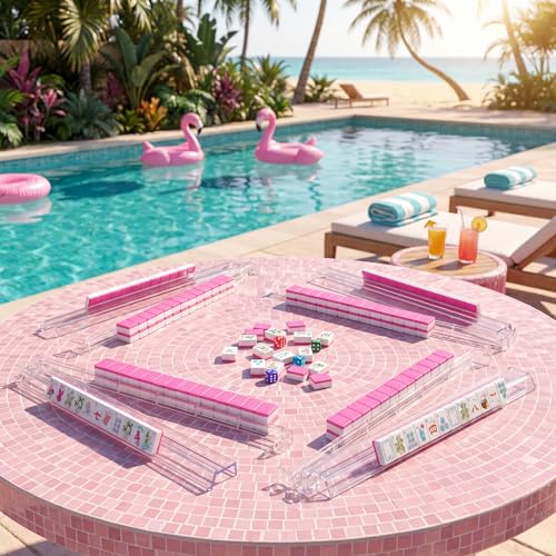 Soulchen 1.2 Inch Summer Beach Themed American Mahjong Tiles Set | Complete 168 Hawaii Melamine Tiles with Dice Large Tote Bag Portable Pouch for Travel Game Night Vacation Collection Gift - color: Rose Red, style: Beach Vacation