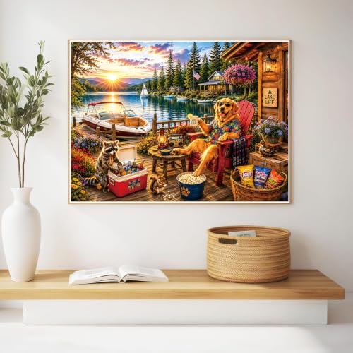300 Piece Jigsaw Puzzle for Kids & Adults – Lake Life Scene with Golden Retriever, Boat, Cabin, Sunset Lake View & Outdoor Deck, Family Puzzle Gift for Boys Girls Ages 8+, 20.5 x 15 in - color: Lake Life