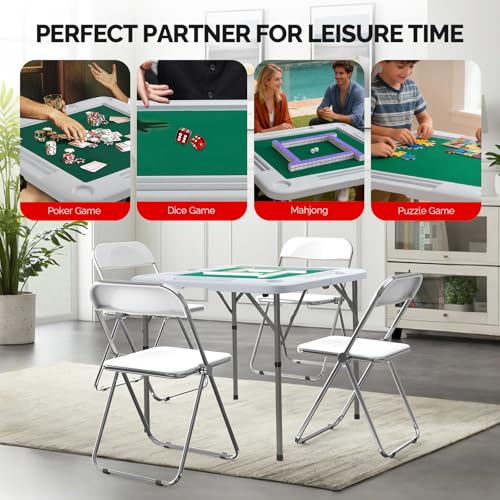 PEXMOR 34" Foldable Mahjong Table Portable, 4 Player Card Game Table w/Cup Holders & Chip Grooves, Tabletop Foldable, Poker Board Game Domino Table for Blackjack, Texas Hold'em (White) - color: White