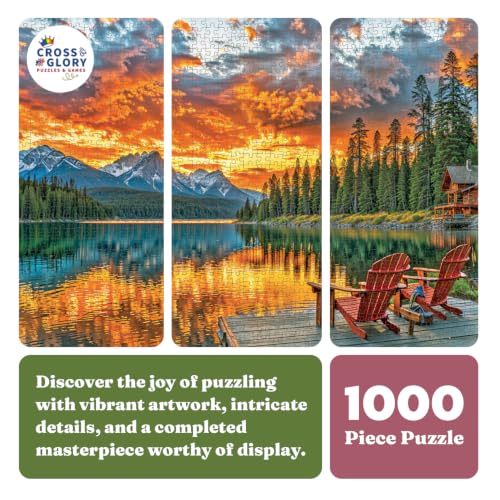 Cross & Glory | 1000 Piece Jigsaw Puzzles for Adults | Dockside Reflections | Tranquil Sunset Lake Scene | 2mm Thick Pieces | Bonus Reference Poster | Satin Finish | Ages 14+ - color: Dockside Reflections