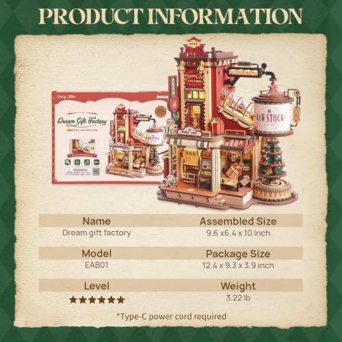 ROKR 3D Puzzle for Adults Christmas Dream Gift Factory Wooden Model Kit Luminous Factory DIY Dollhouse Kit Building with Music, Lights and 5 Elves for Adults