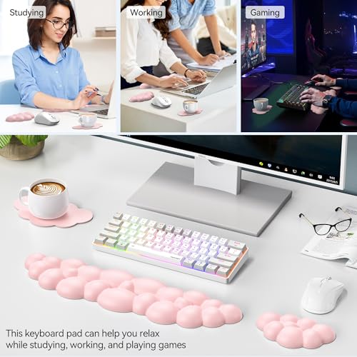 TECKNET Cloud Keyboard Wrist Rest Set, Cloud Wrist Rest with Non-Slip Base, PU Leather Wrist Pad for Keyboard with Ergonomic Memory Foam for Computer Laptop Office Gaming and Pain Relief, Light Pink - color: Light Pink