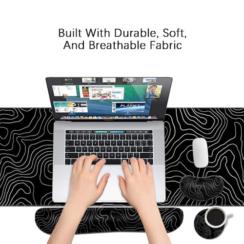 Desk Mat, Large Gaming Mouse Pad with Wrist Rest, 4 in1 XXL Mouse pad+Keyboard Wrist Rest+Mouse Pad Wrist Support+Cup Coaster Set, Ergonomic Desk Pad for Home Office, Topographic Line - color: Topographic Line