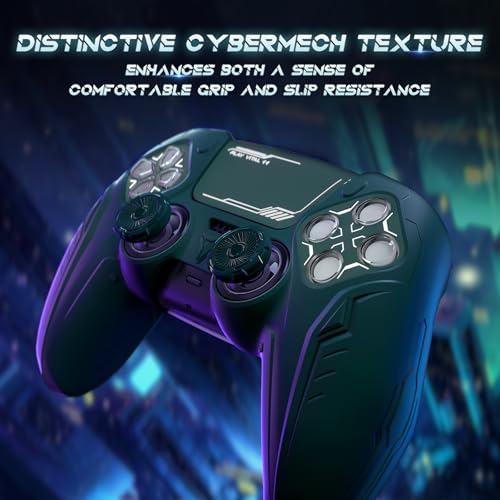 PlayVital Silicone Skin Set for PS5 Controller - Charging Dock Compatible, Full Protection Case with Futuristic CyberMech Design, Soft Cover with Thumb Grips & Stickers - Racing Green - color: Racing Green