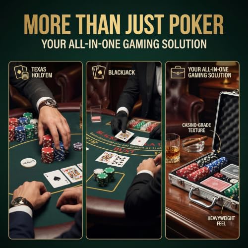 HEITOK Poker Chip Set - Classic 300PCS Poker Set with Aluminum Case, 11.5 Gram Casino Chips for Texas Holdem Blackjack Gambling | 2-8 players, custom stakes, 2 decks, 5 dice, dealer and small/big blind buttons, Blackjack, card game nights - size: 300 blan