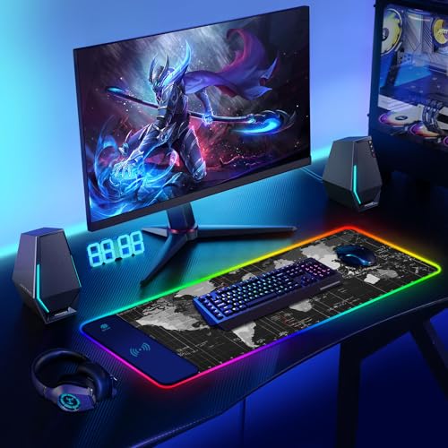 ToLuLu RGB Gaming Wireless Charging Mouse Pad, 5/7.5/10/15W LED Mouse Pad | 10 Light Modes Computer Keyboard Mat Mousepad, 800x300x4MM Extended Large Desk Mat for Gaming, MacBook, Laptop, PC, World Map - color: World Map