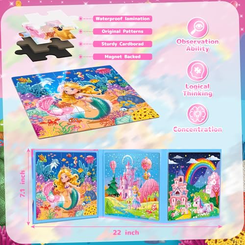 Mermaid Princess Unicorn Magnetic Puzzles for Toddlers 3-5 Girls, 3x20 Travel Puzzles for Toddlers 4-6 Montessori Preschool Learning Activities, Ideal Road Trip Activities Toys for 3 4 5 6 Girls - style: Princess 60Pcs
