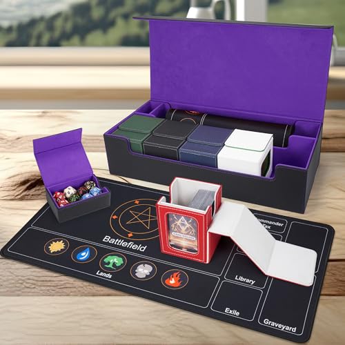 AFIING MTG Deck Box 6 In1 with MTG Playma,Premium Card Storage Box with 5 Pcs MTG Deck Box Holds 2400+ Trading Cards, Large TCG Card Deck Case for Magic Yugioh Sports Cards (Black&Purple) - color: Set Black Purple