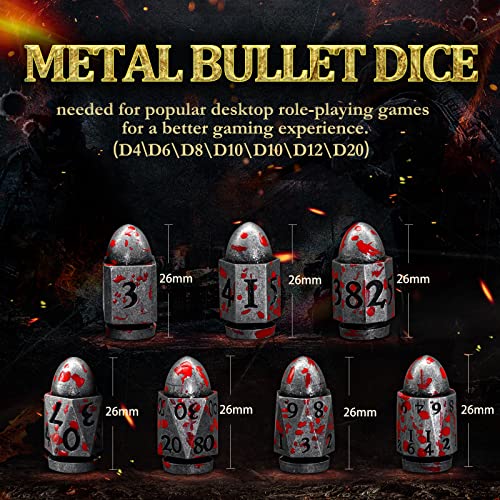 Bullet Dice Set, DND Dice Metal Revolver,ZHOORQI D6 Gun Dice Gifts for D and D, RPGs(7-Blood Silver) - color: 7bullet-blood Silver