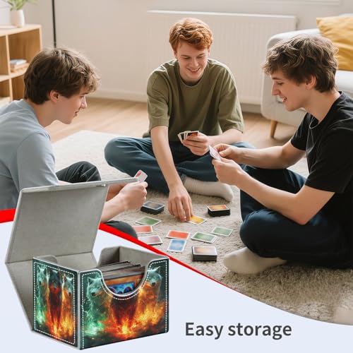 Wolf Fire Magic for MTG Deck Box, 100+ Double Sleeved Card Storage Case, PU Leather Commander Deck Case for TCG Magic Yugioh, Magnetic Closure - color: Wolf Fire Magic