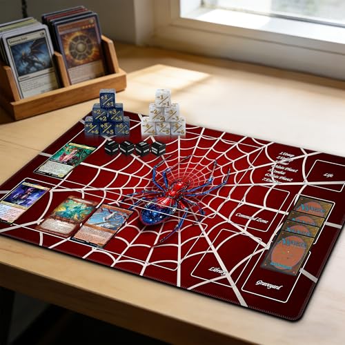 MTG Playmat with Storage Tube & 7-Dice Set - Waterproof TCG Playmat with Stitched Edges, Non-Slip Rubber Card Game Mat (24"x14") (playmat with Zones, Spider) - color: Spider, style: playmat with zones