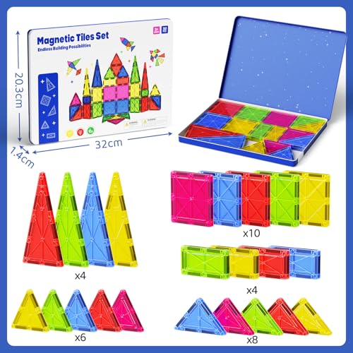 Large Magnetic Tiles for Kids: Durable Jumbo Blocks with Welded Case | 7.5cm tiles for toddlers ages 3-8. Ultrasonic welded safe magnets. Compatible with major brands. STEM Montessori learning toy - size: Large 32 Pcs