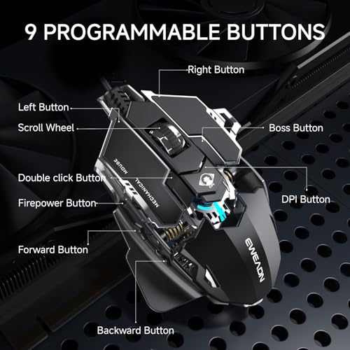 EWEADN G5 Wired Gaming Mouse with Adjustable Tail, 12800 DPI Programmable Computer Mouse with RGB Backlit, 9 Macro Buttons, Rapid Fire Key & Aluminum Base Ergonomic PC Mice for Laptop, PC-Black&White - color: Black