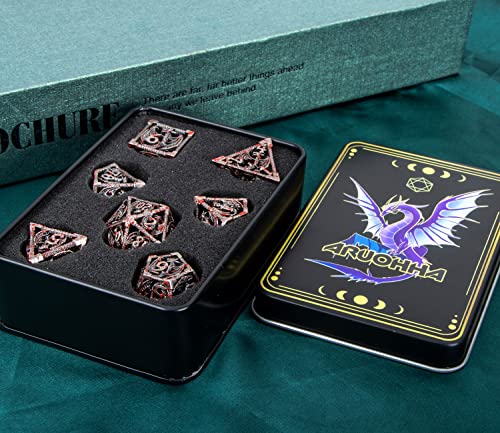 ARUOHHA Hollow DND Metal Dice Set Blood Dragons D and D Dice, RPG Role Playing Games Dungeons Polyhedral Dice with Gift Box D20 D12 D10 D8 D6 D4 - color: Blood Splash