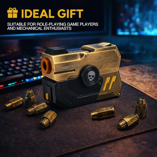 7 Piece Metal Polyhedral Bullet Dice Set with Shooting & Fidget Modes, Pistol Shaped Case & Bullet Dice for Cyberpunk Style Tabletop RPG Dice, Fidget Toy for Stress Relief (Golden) - color: Golden