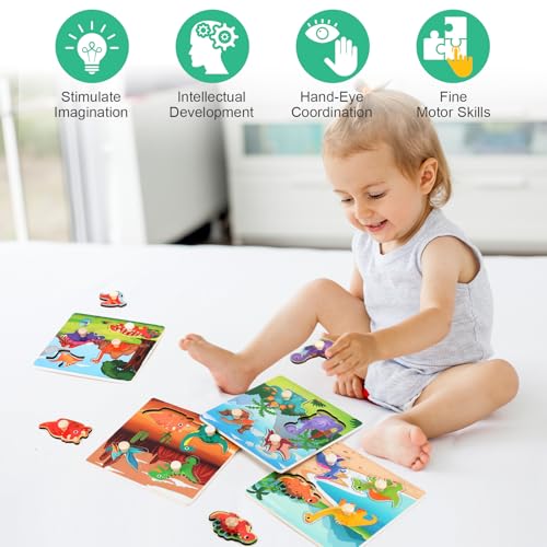 Wooden Peg Puzzles for Toddlers 1-3, Kids Educational Preschool Peg Puzzle Toy Ages 2-4, Set of 4 Dinosaur Toddler Puzzles, Ideal Gift for Ages 1 2 3 4 Boys and Girls - color: Style B