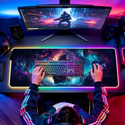 RGB Fantasy Pirate Ship Gaming Desk Mat, Computer Keyboard Large Extended Long LED Mouse Pad for Office and Home, XL (W01) - color: Rgb-w01