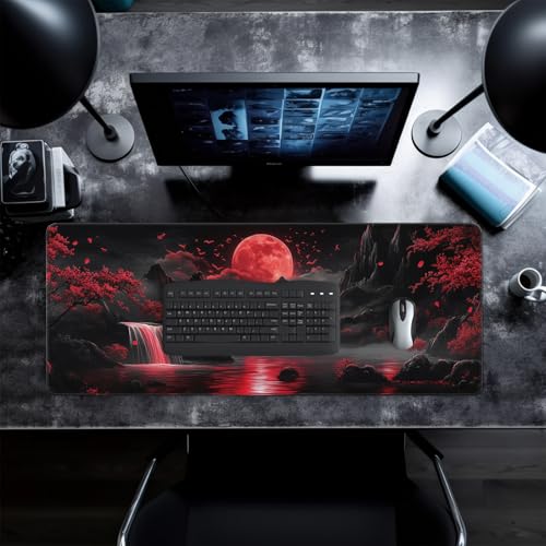 Darkness Red Moon Mouse Pad Abstract Red Mouse Pad 31.5x11.8 Inch Non-Slip Rubber Base Large Mousepad Stitched Edges Keyboard Mouse Mat Desk Pad for Office and Home(2) - color: Darkness Red Moon 2