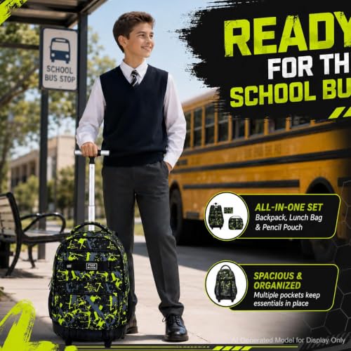 3Pcs Rolling Backpack for Boys Men, Travel Roller Backpacks with Wheels for Adults, Teens College Graffiti Wheeled Bookbag with Lunch Box(Green) - color: Airbrush Green