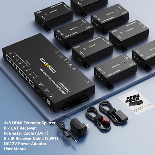 CENMATE 1x8 HDMI Extender Splitter, Up to 165FT Over CAT5e/6/7, 8 Channel Transmission with 1 HDMI Loop Out, Supports IR, 3D, HDCP, EDID, POC - size: 1x8