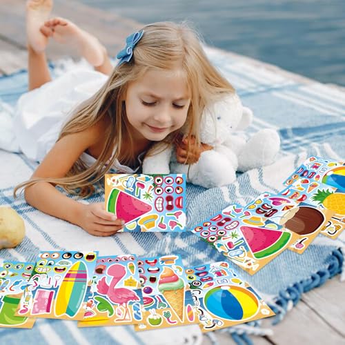 Summer Stickers, Make a Face Sticker, Hawaii Luau DIY Craft Activities | 24 Sheets Make your own Stickers, Flamingo Watermelon Pineapple Beach Party Favors for Kids Toddlers - style: 24 Sheets Summer Stickers