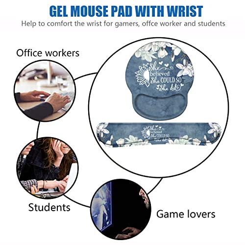 Keyboard Wrist Rest and Mouse Pad Wrist Support Set with Coasters, Inspirational Quote She Believed She Could So She Did Wrist Support Mouse Pad with Non-Slip PU Base for Computer Laptop Home Office