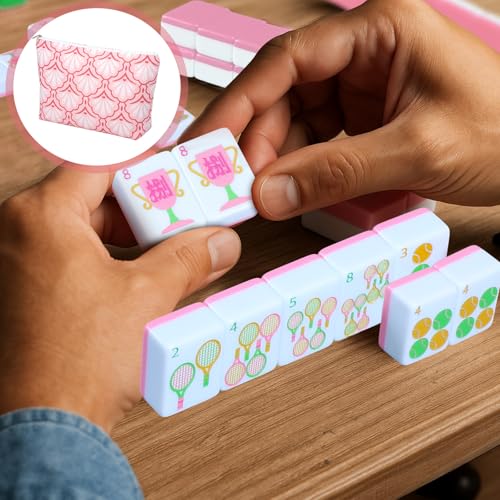 Cuffbow Tennis Themed Engraved American Mahjong Tile Set 160 Quality White Tiles (1.2 Inch, Tiles Only) Mini American Mahjong Game Set for Ideal Gifts, No Additional Accessories(Tennis, Pink) - color: Pink, style: Tennis