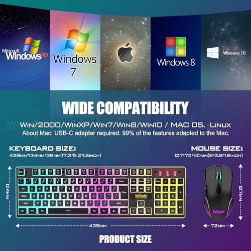 RedThunder K10 Wireless Gaming Keyboard and Mouse Combo, RGB Backlit Rechargeable 3800mAh Battery, Mechanical Feel Anti-ghosting Keyboard with Pudding Keycaps + 7D 3200DPI Mice for PC Gamer (Black) - color: Black Pudding