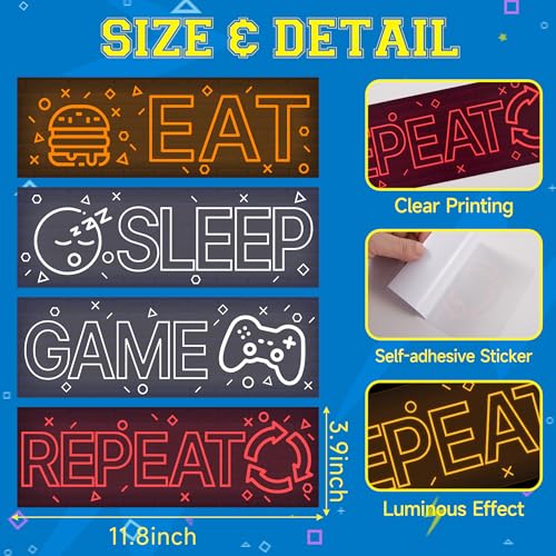 4 Pcs Glow in The Dark Neon Game Wall Stickers, Boys Gamer Room Wall Decals, EAT Sleep Game Repeat Gaming Sticker, Kids Bedroom PlayRoom Nursery Decor, Blue - color: Luminescent-043wscp-multi