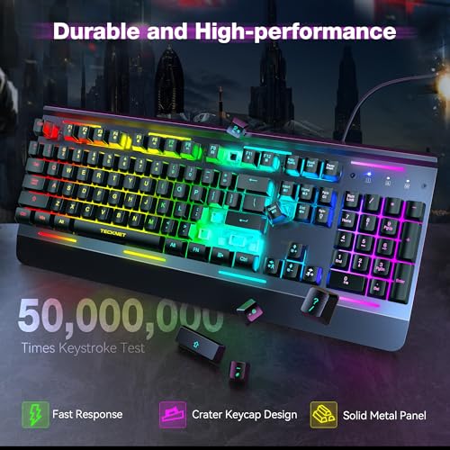 TECKNET Wired Gaming Keyboard, Whisper Quiet Switches,15-Zone RGB Illumination, IP32 Water Resistance, Silent Keyboard Quiet Typing, USB-A Wired Keyboard for Office/Gaming