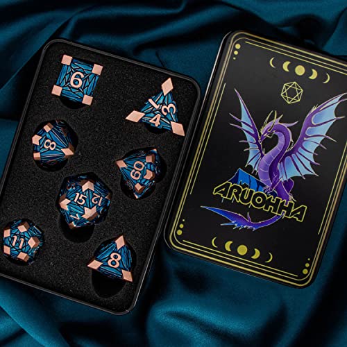 ARUOHHA DND Metal Dice Set Crystal Shards Dice with Gift Box, 7PCS Copper Blue Polyhedral Dice RPG Role Playing Game Handmade 6 Sided D and D Dice Set D20 D12 D10 D8 D6 D4 - color: Red Copper Blue