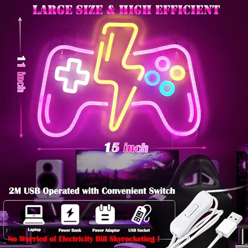 Pink LED Game Neon Sign Light for Gamer Room Decor USB Powered with Switch Gaming Accessories Acrylic Gamepad Neon Sign for Video Game Room Teen Girls Bedroom Wall Decor Gift Ideas for Gamer - style: Lightning Pink Gampad