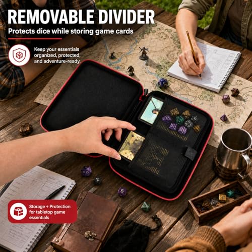 Hard DND Dice Case for 5 Polyhedral Dice Sets, Case Only | Hard shell dice case, holds 5 polyhedral sets, with removable divider and dual mesh pockets for DND/RPG game nights - color: Red
