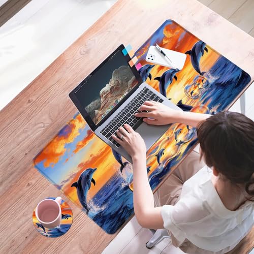 Mouse Pad,Large Desk Mat Set, 4in1 XL Mousepad + Keyboard Wrist Rest+Mouse Wrist Rest+Coaster with Ergonomic Desk Pad for Home Office Table Computer Cover -Dolphin Jumping Ocean Sunset Beach - color: Dolphin Jumping Ocean Sunset Beach