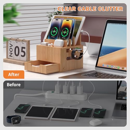 Pezin & Hulin Multi Device Charging Station with Drawer & USB Charger | All in One Dock Organizer with Large Storage, Bamboo Rack for Phones, Tablets, Watch, Earbuds (Charger & 5 Cables Included) - color: #2 (With Charger)
